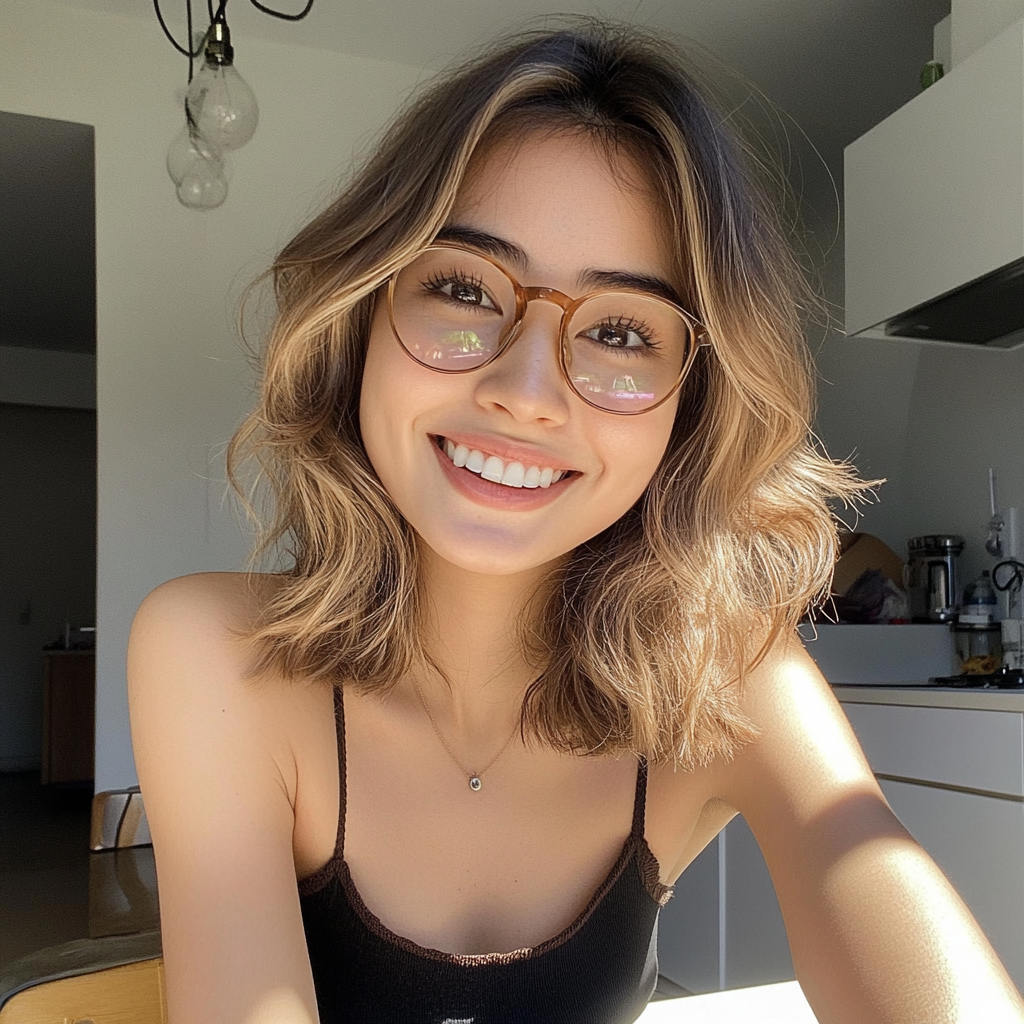 Una mujer sonriente sentada a una mesa | Fuente: Midjourney