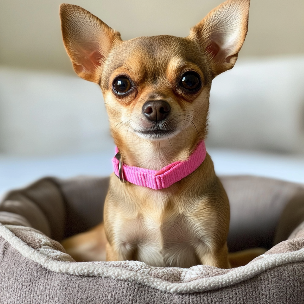 Un chihuahua sentado en una cama para mascotas | Fuente: Midjourney