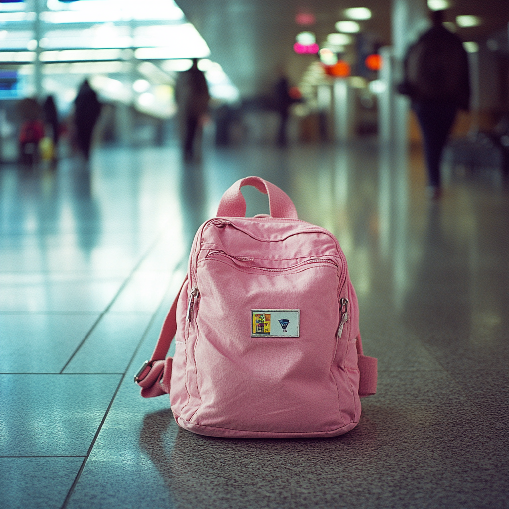 Una mochila rosa en el suelo del aeropuerto | Fuente: Midjourney