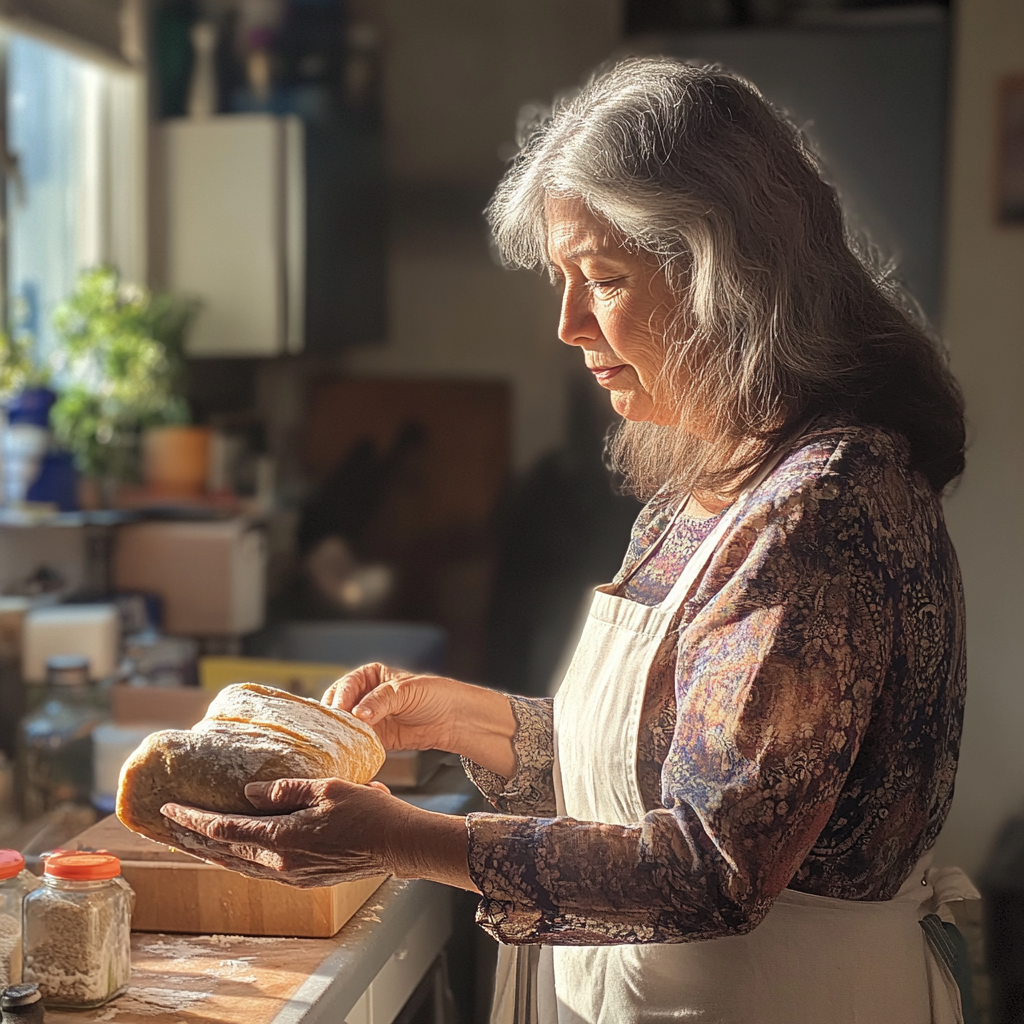 Una mujer con una barra de pan en la mano | Fuente: Midjourney