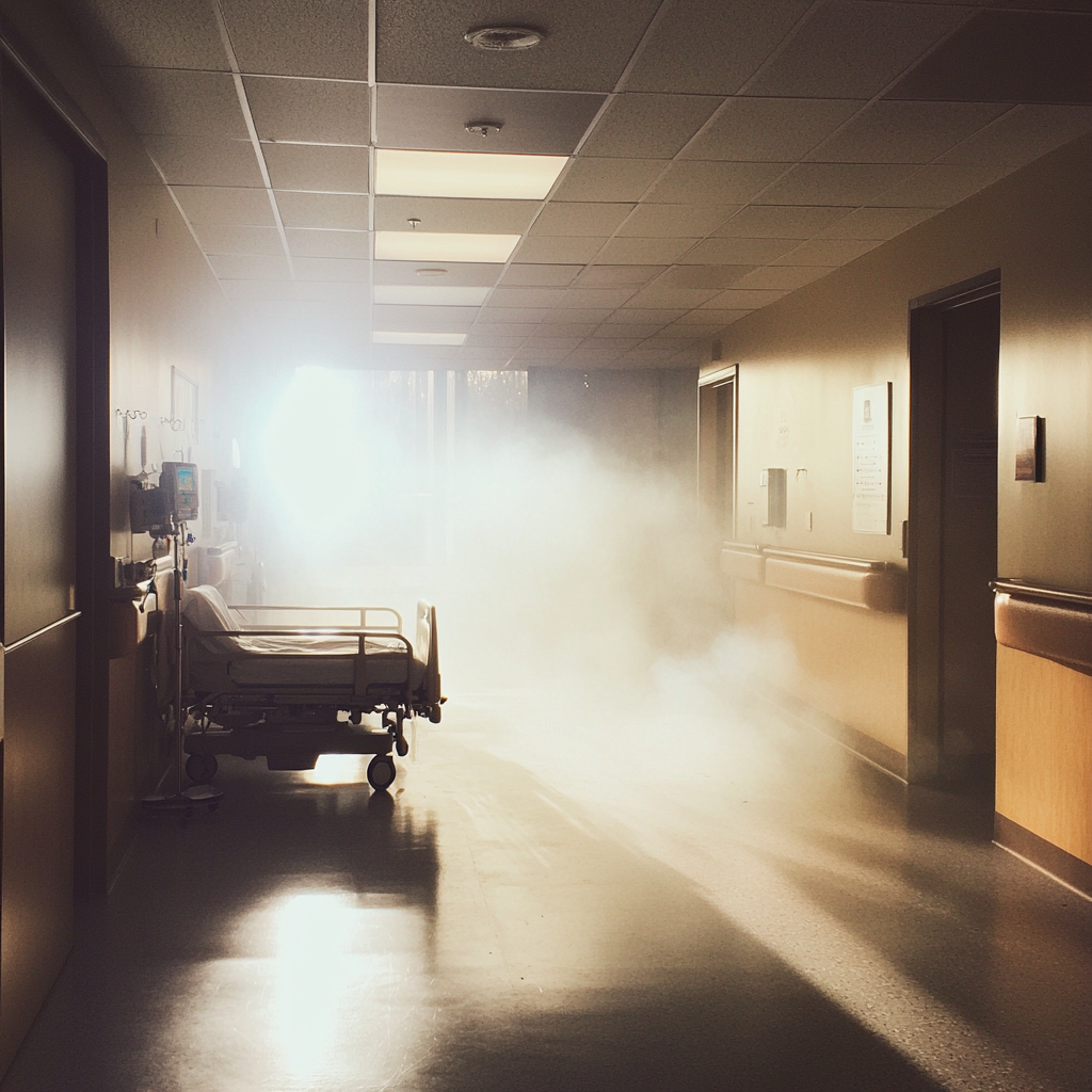 Humo en el pasillo de un hospital | Fuente: Midjourney