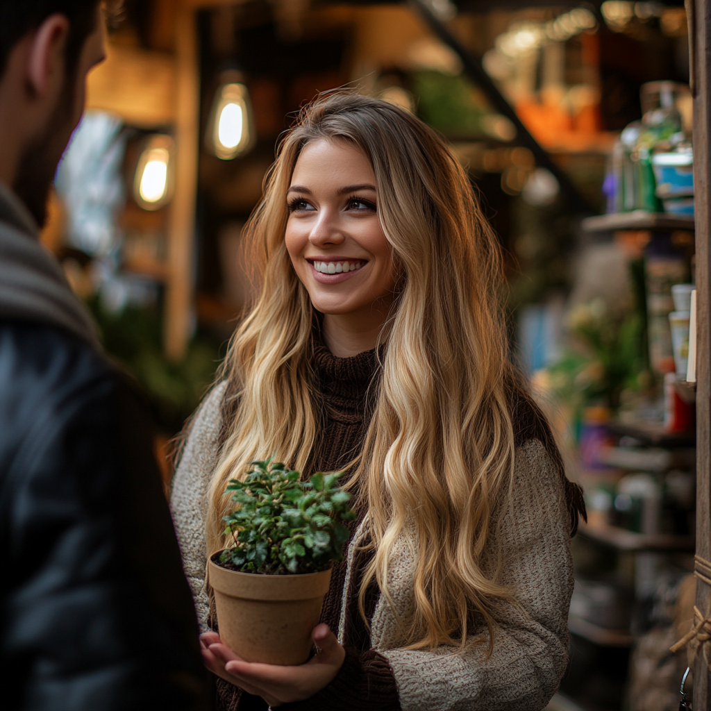 Una mujer sonriente con una maceta | Fuente: Midjourney