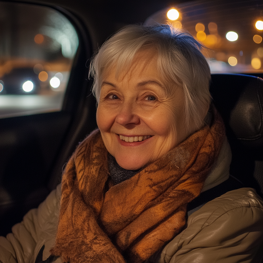 Una mujer sonriente en el asiento trasero de un automóvil | Fuente: Midjourney