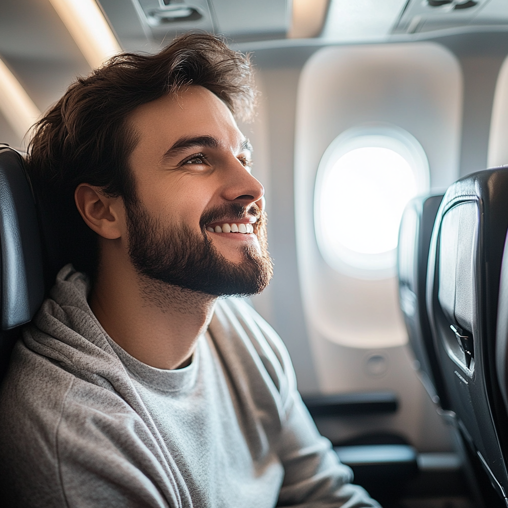 Un hombre en un avión sonriendo a alguien | Fuente: Midjourney