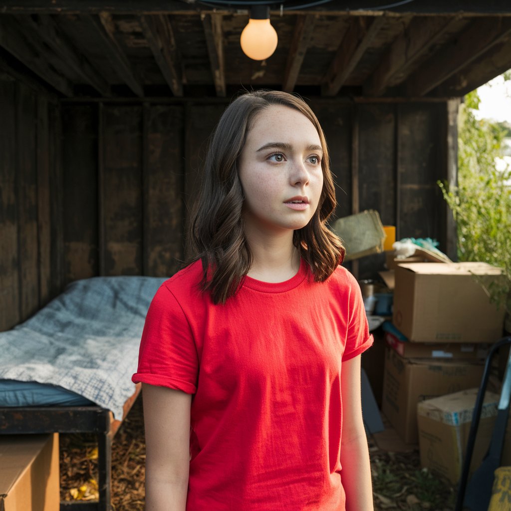 Una adolescente con camisa roja, con cara de aprensión | Fuente: Midjourney