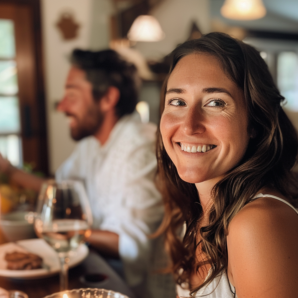 Mujer sonriendo durante la cena con un hombre sonriendo al fondo | Fuente: Midjourney