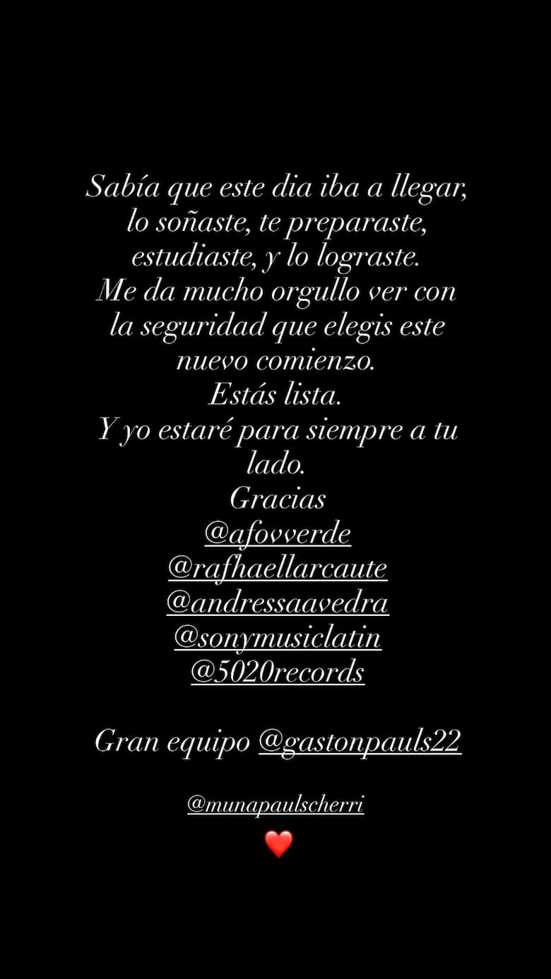 Agustina Cherri manifestó su orgullo por los logros de su hija Muna Pauls | Fuente: Instagram Stories/gastonpauls22