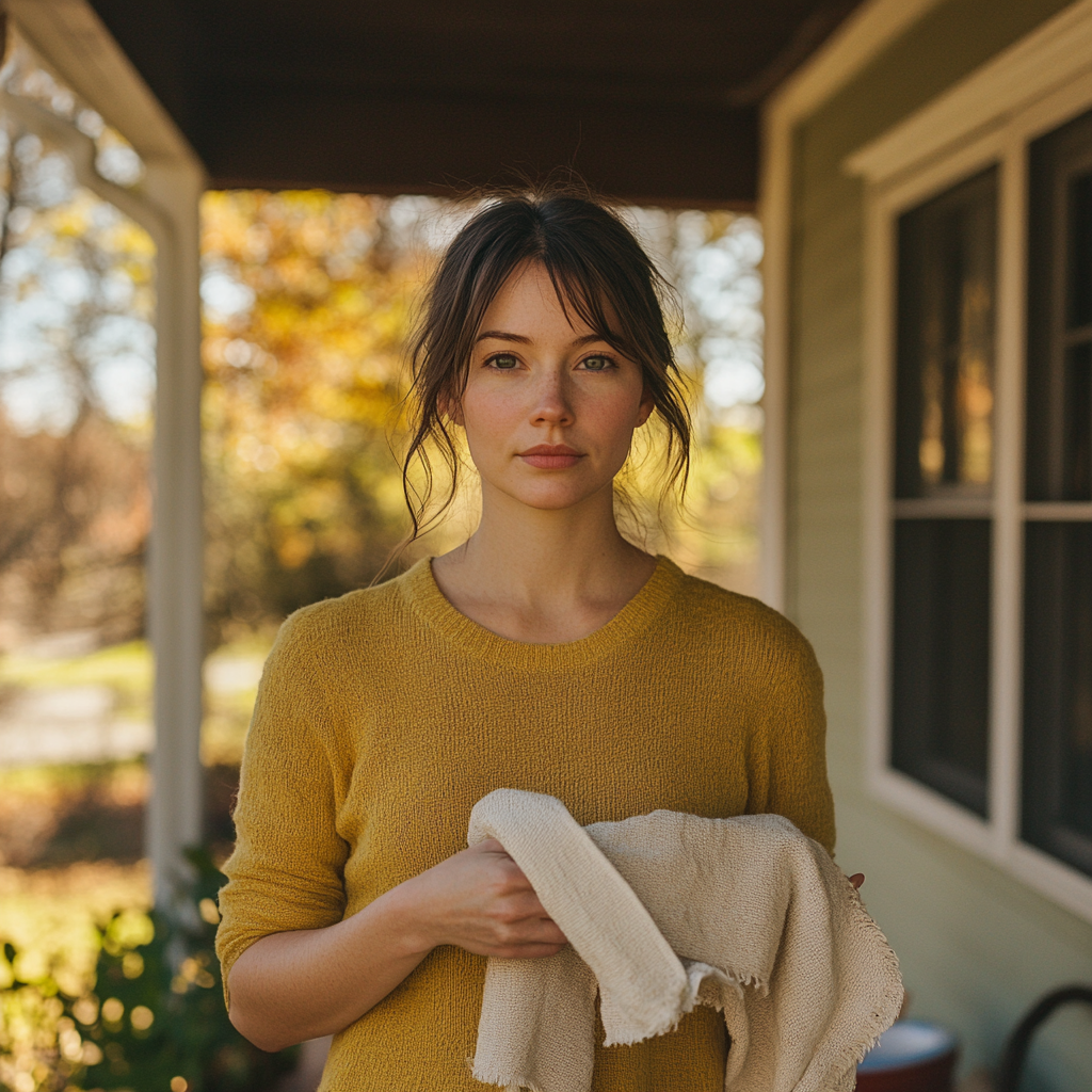 Una mujer seria con un paño de cocina | Fuente: Midjourney