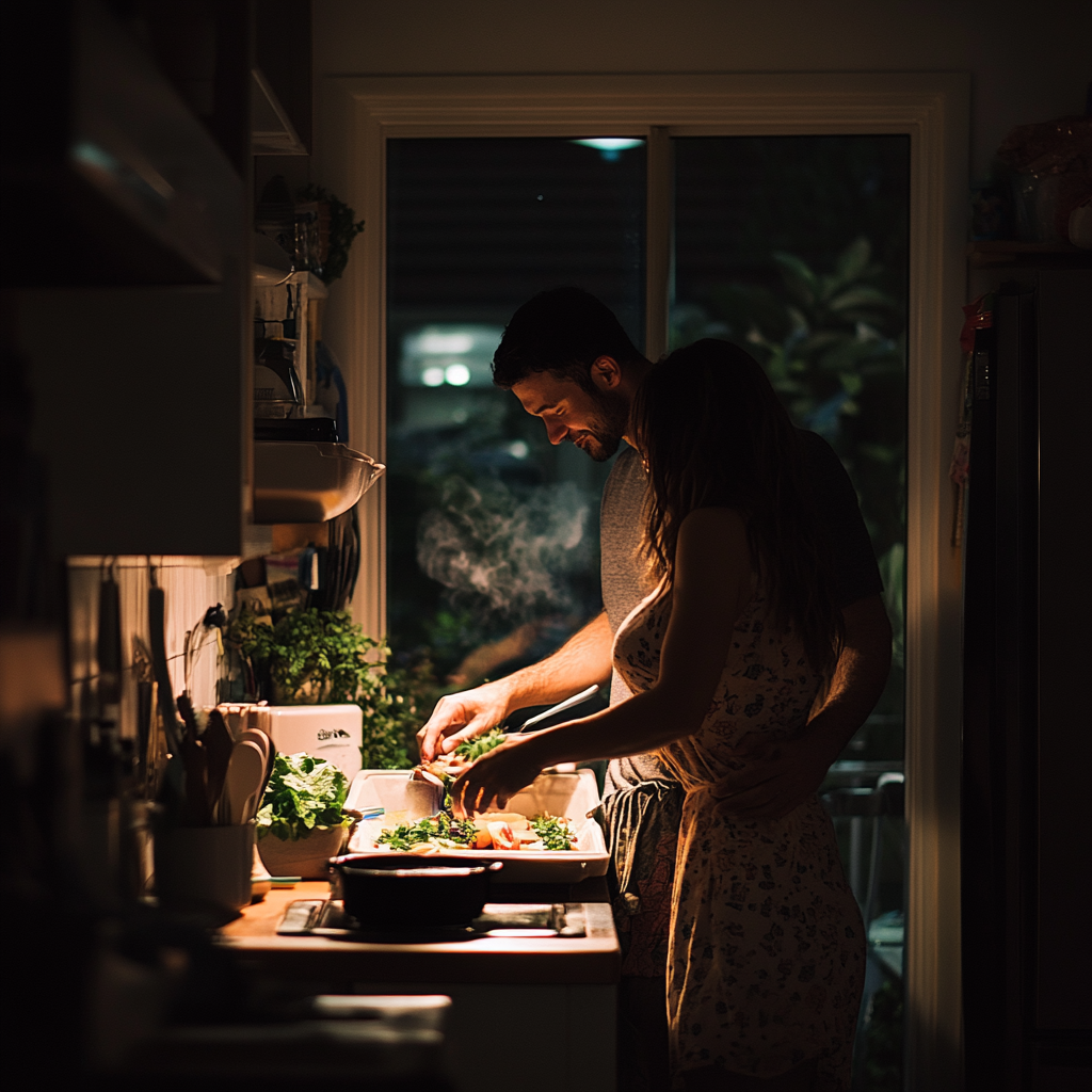 Pareja en la cocina preparando la cena | Fuente: Midjourney