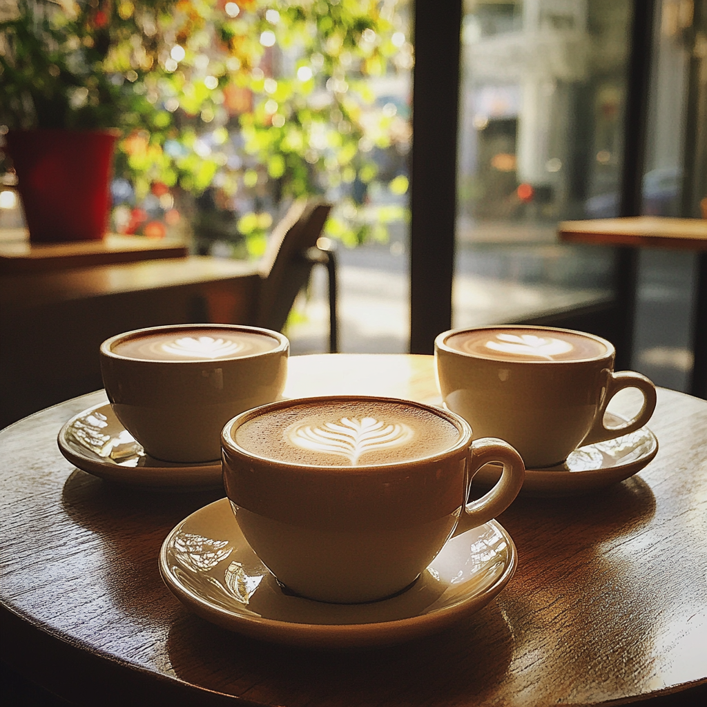 Tres tazas de café sobre una mesa | Fuente: Midjourney