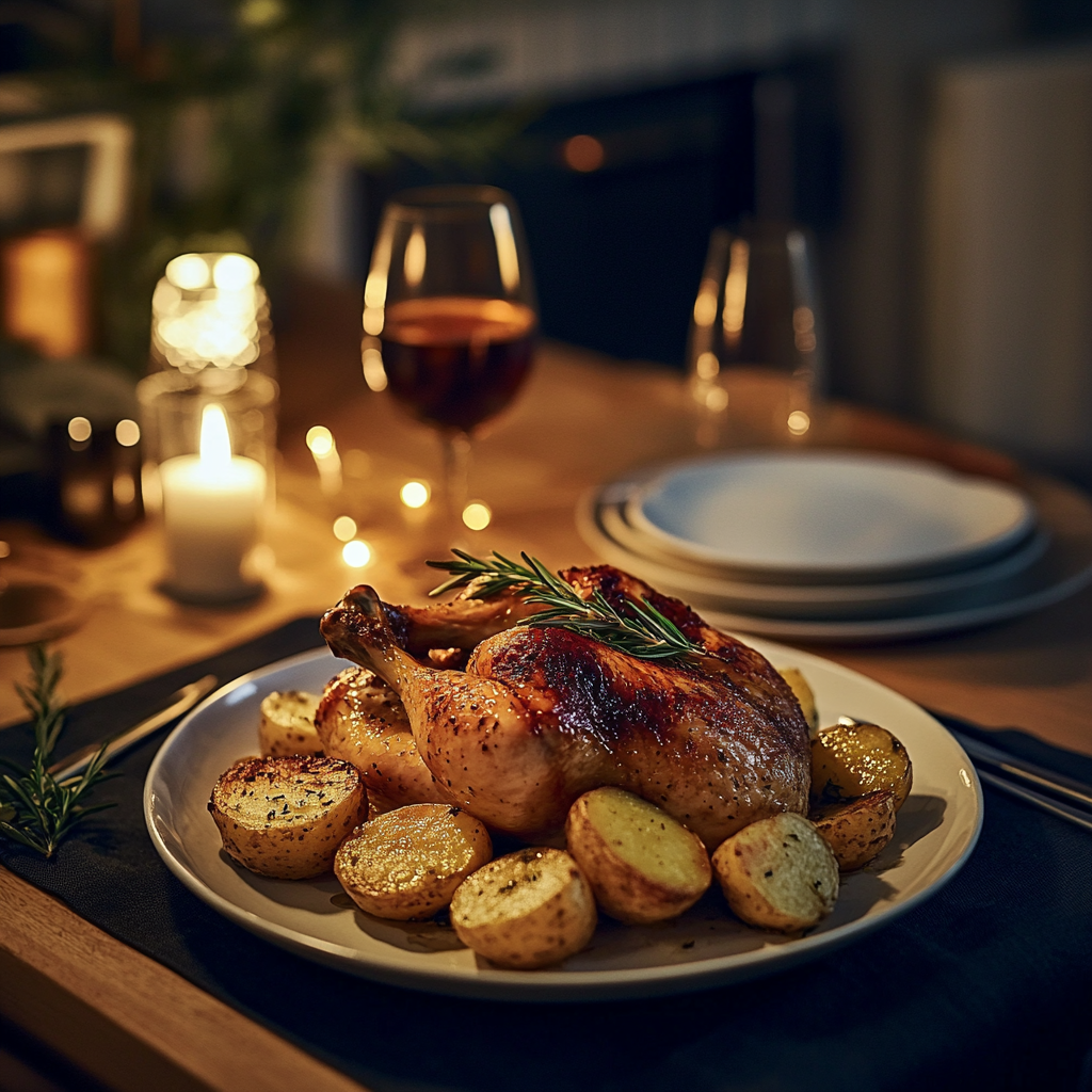 Una foto que muestra pollo asado servido con patatas al romero para cenar | Fuente: Midjourney