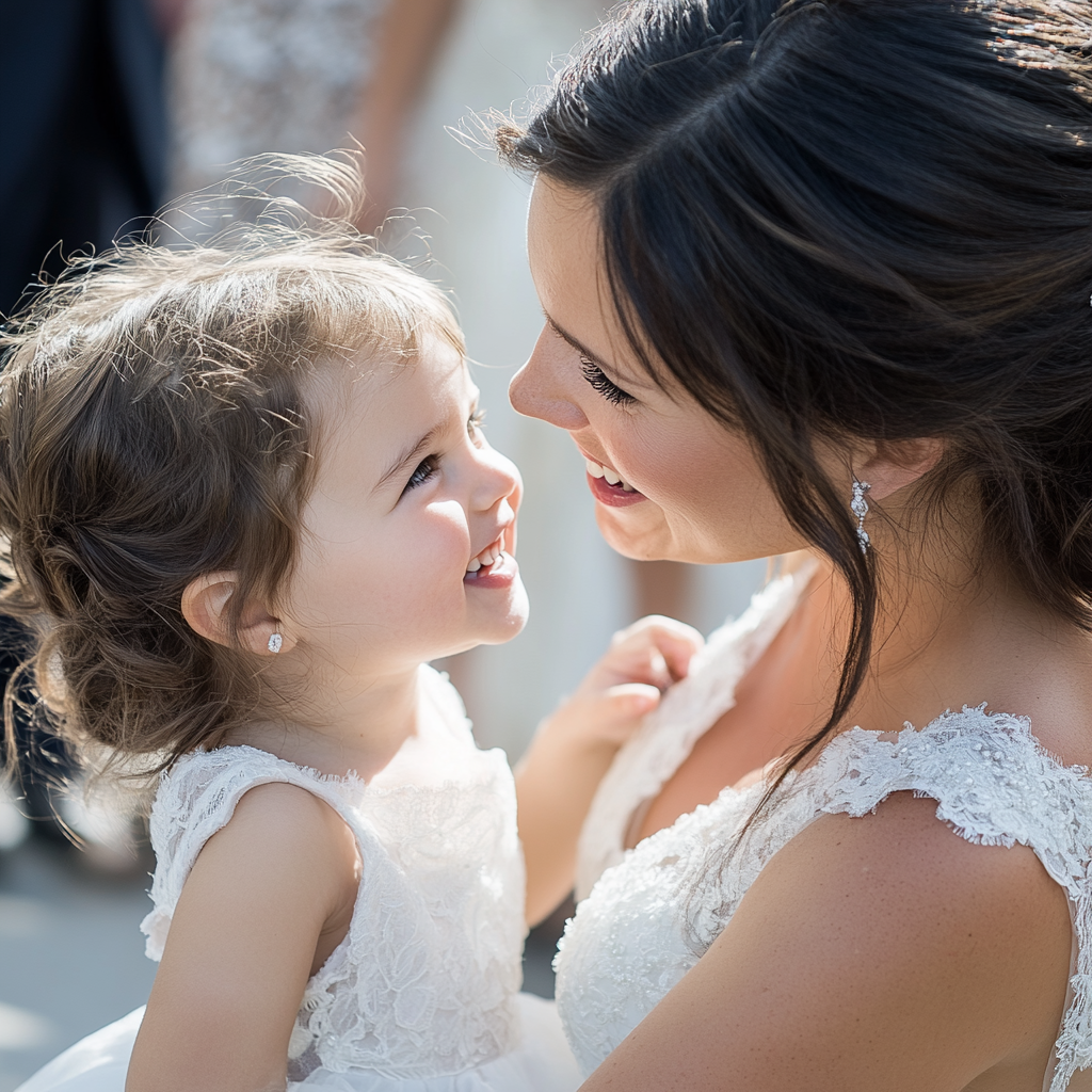 Una novia sonriendo a una niña | Fuente: Midjourney