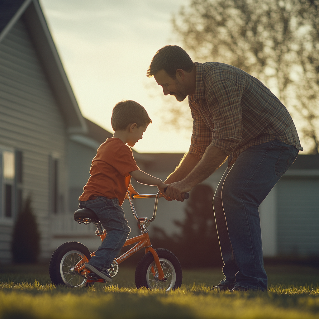 Un hombre enseñando a su hijo a montar en bici | Fuente: Midjourney