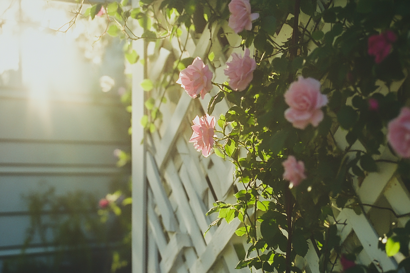 Rosas rosas creciendo en un enrejado | Fuente: Midjourney