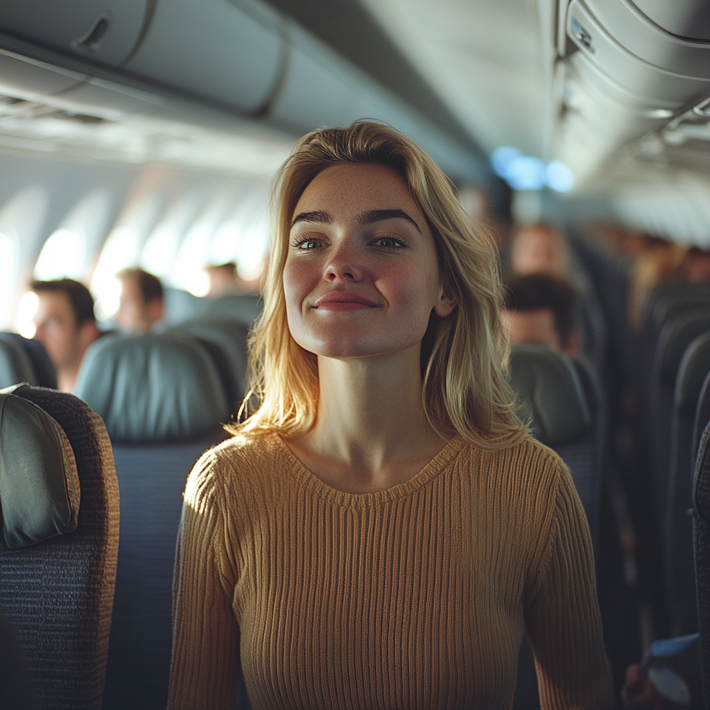 Una mujer orgullosa y feliz caminando hacia su asiento en el avión | Fuente: Midjourney