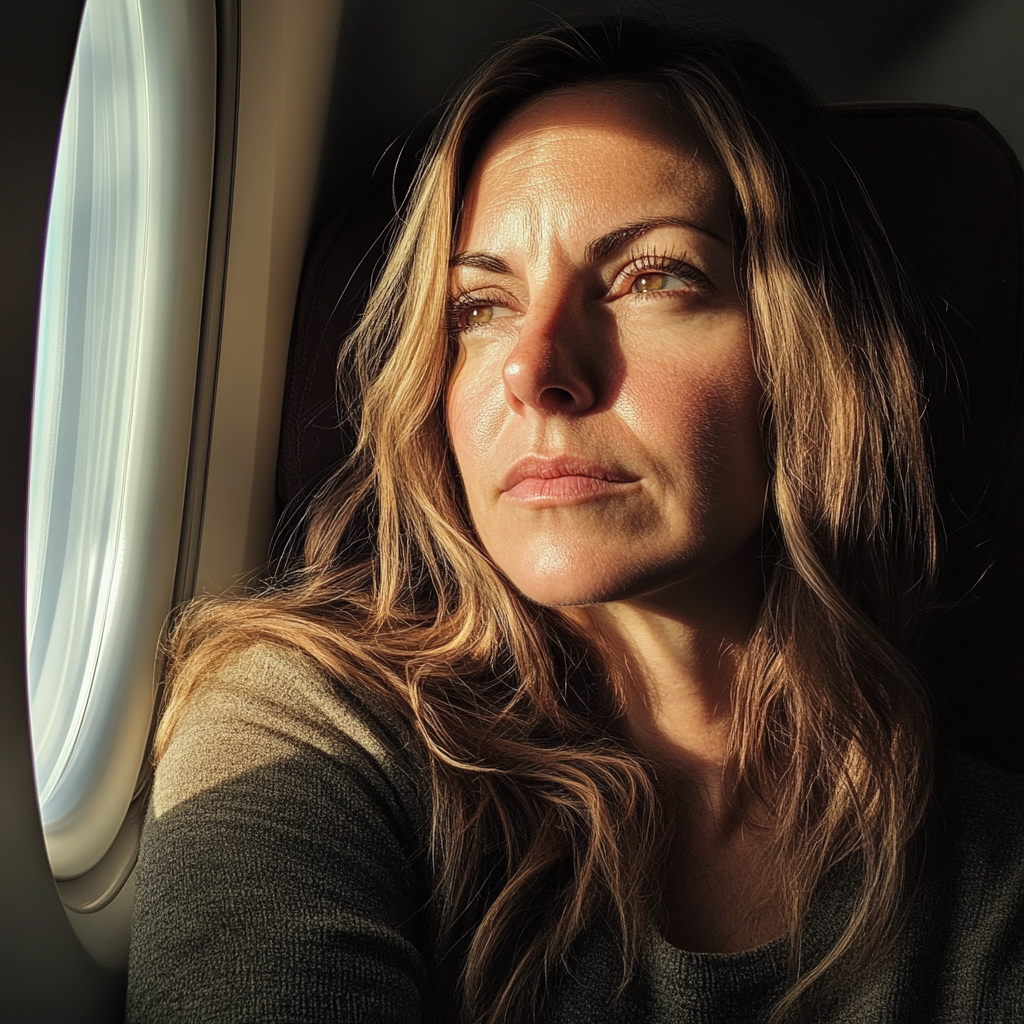 Una mujer sentada en un avión | Fuente: Midjourney