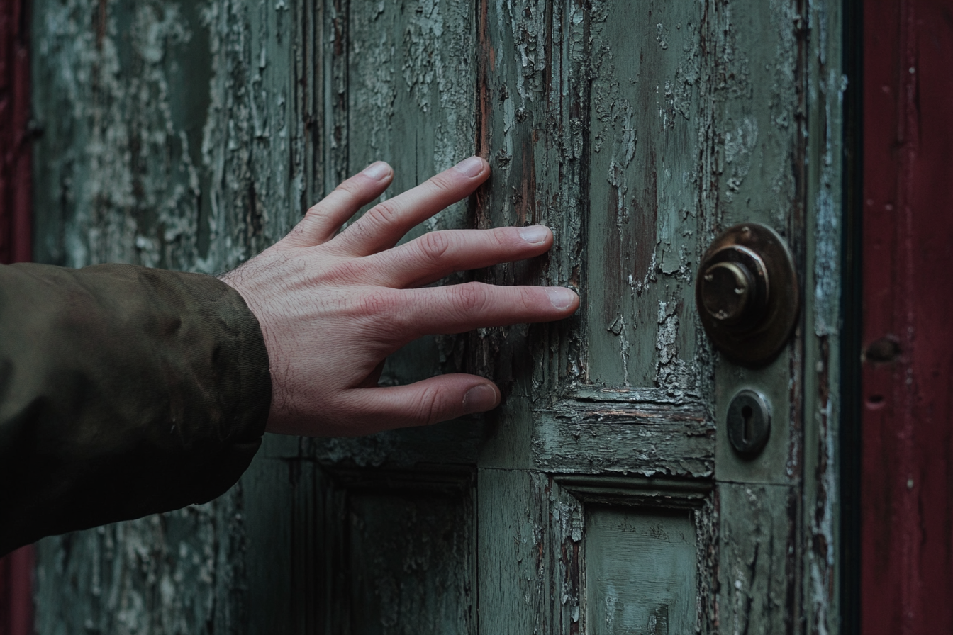 La mano de un hombre presionando una puerta de entrada desgastada | Fuente: Midjourney