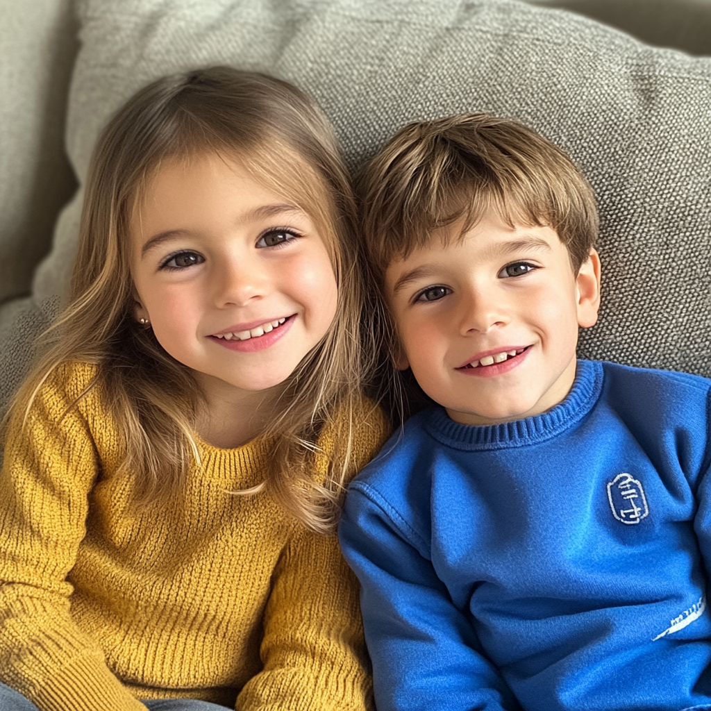 Niños sonrientes sentados en un salón | Fuente: Midjourney