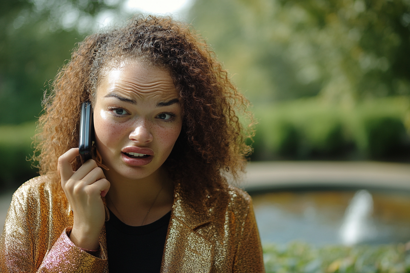 Una mujer atónita hablando por teléfono | Fuente: Midjourney