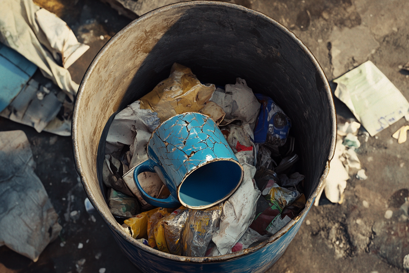 Una taza de café de cerámica azul rota en un cubo de basura | Fuente: Midjourney