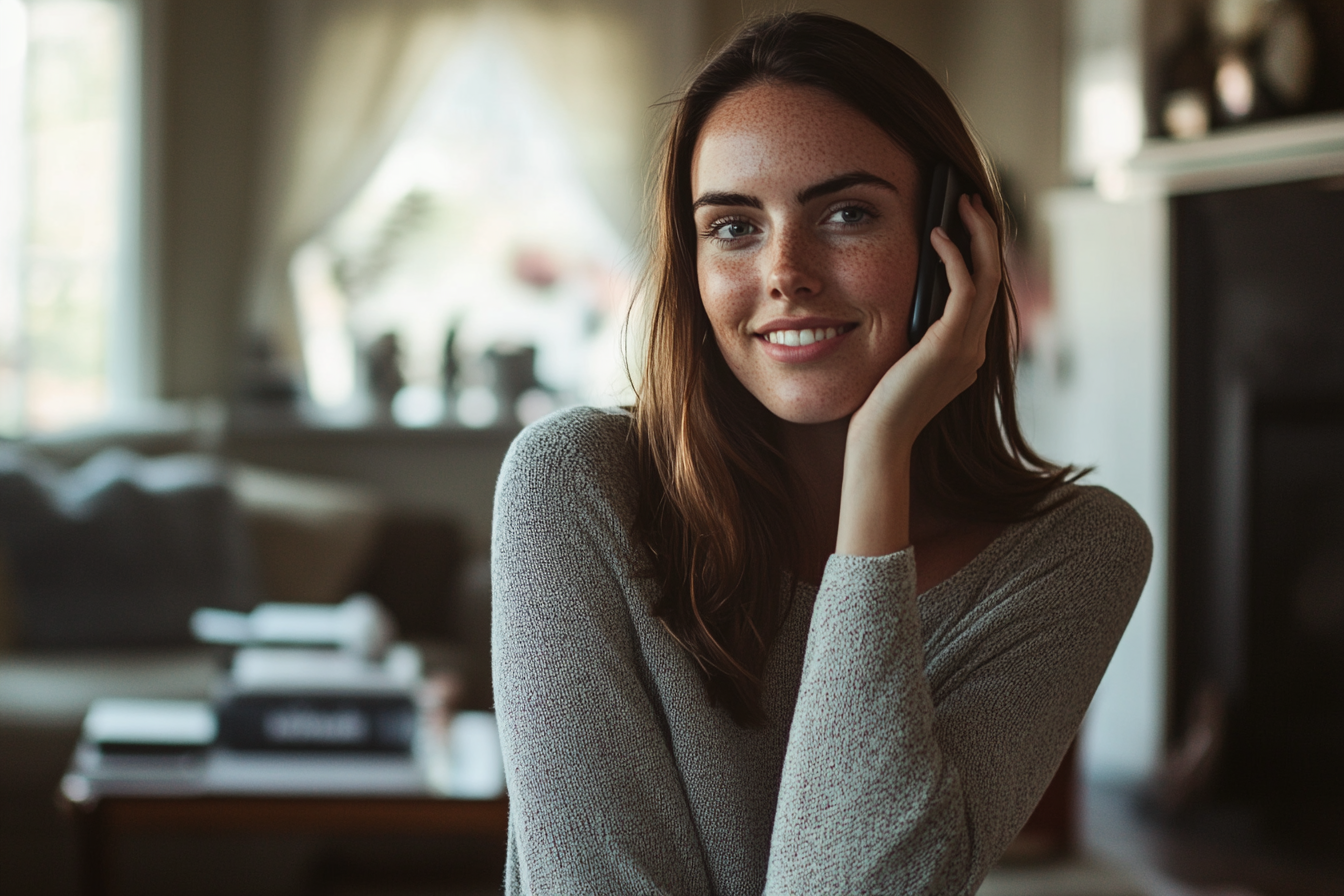 Una mujer sonriente hablando por el móvil | Fuente: Midjourney