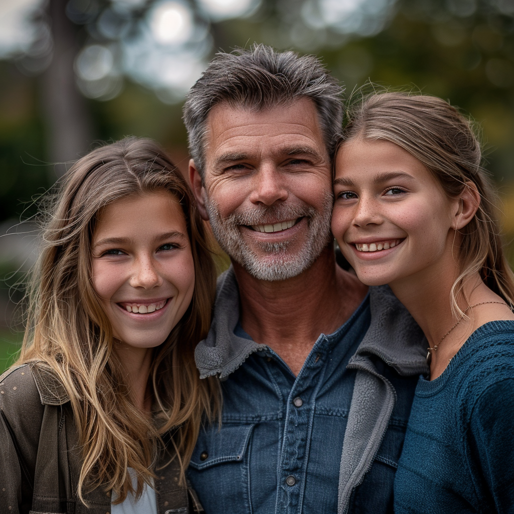 Un padre feliz con sus dos hijas adolescentes | Fuente: Midjourney