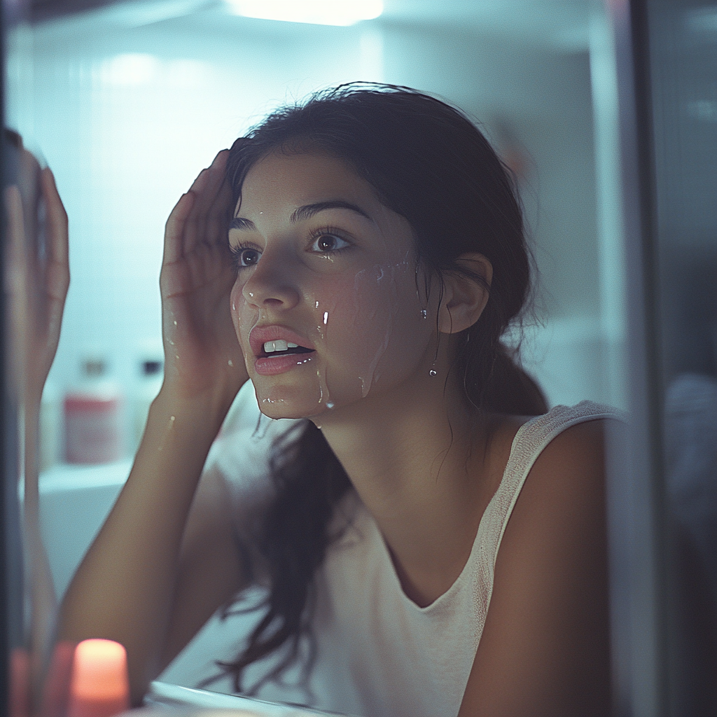 Una mujer alterada en el baño | Fuente: Midjourney