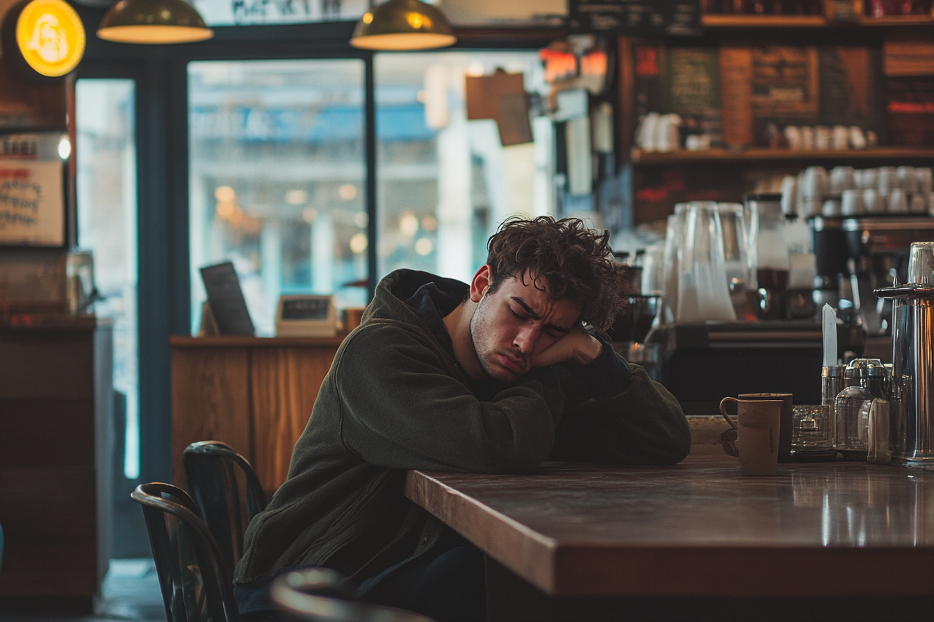 Un hombre exhausto en una cafetería | Fuente: Midjourney