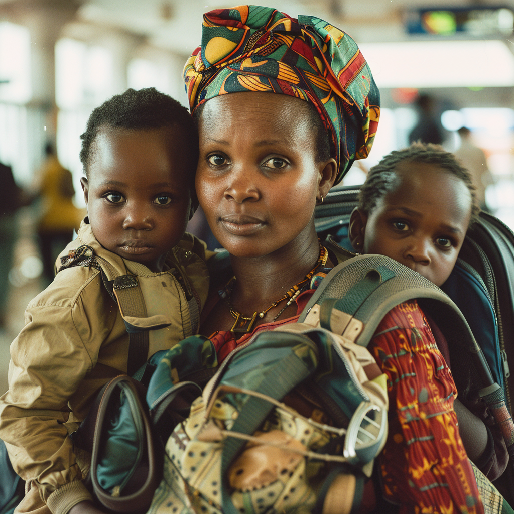 Una mujer infeliz con dos niños en el aeropuerto | Fuente: Midjourney