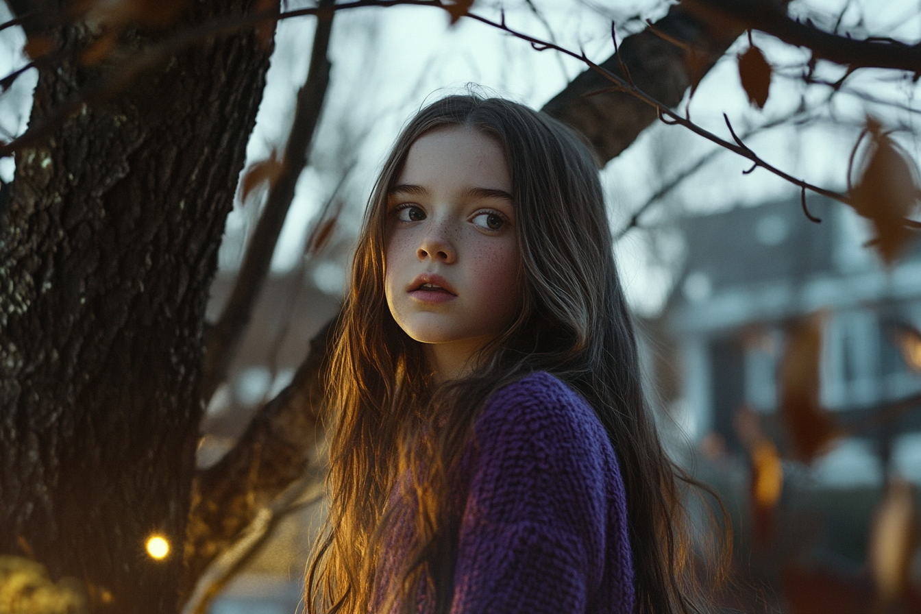 Una chica con un jersey morado | Fuente: Midjourney