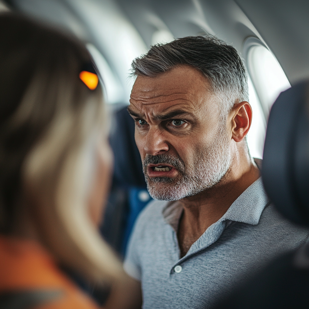 Un hombre de mediana edad enfadado hablando con una azafata en un avión | Fuente: Midjourney