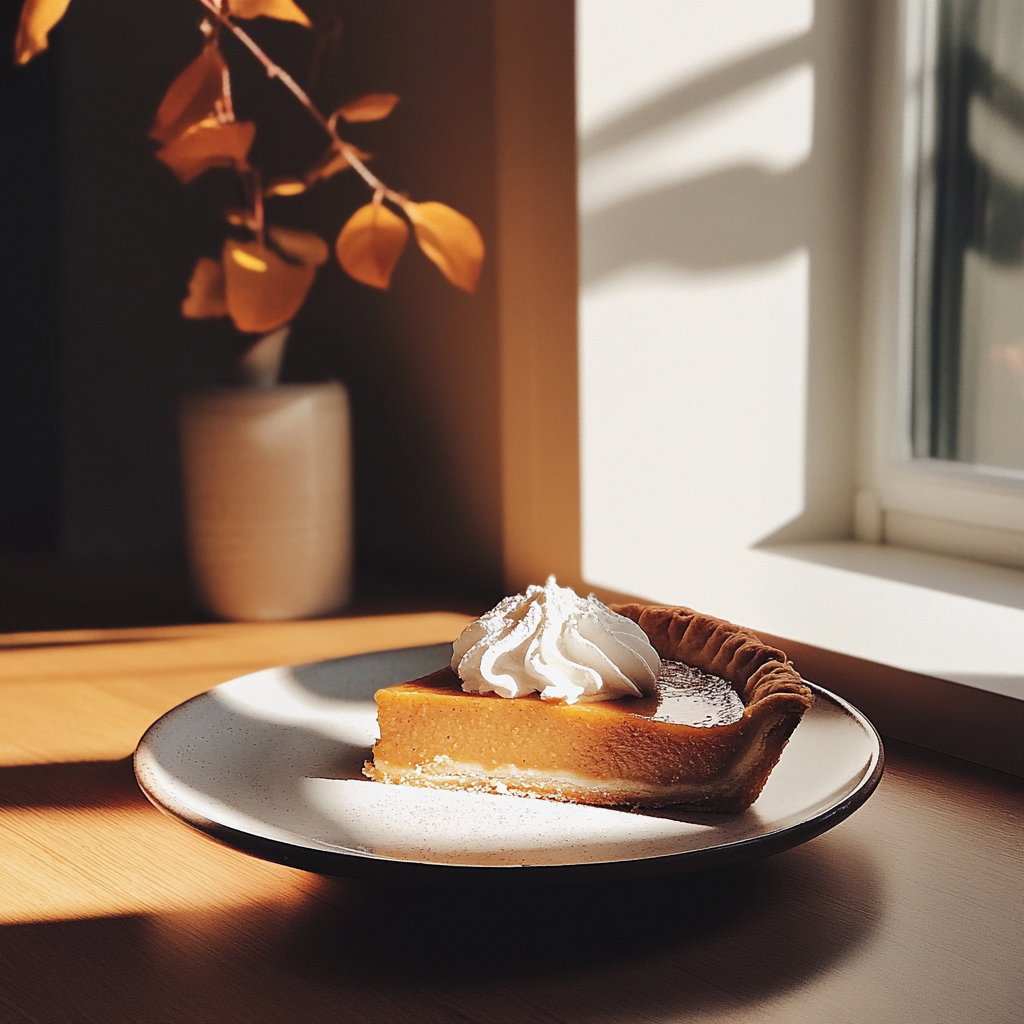 Un trozo de tarta de calabaza y nata montada | Fuente: Midjourney