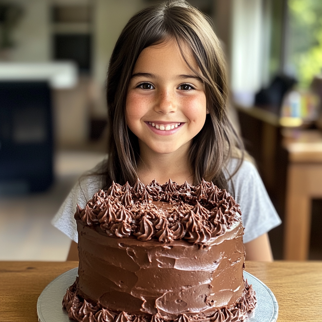 Una niña con un pastel de chocolate | Fuente: Midjourney