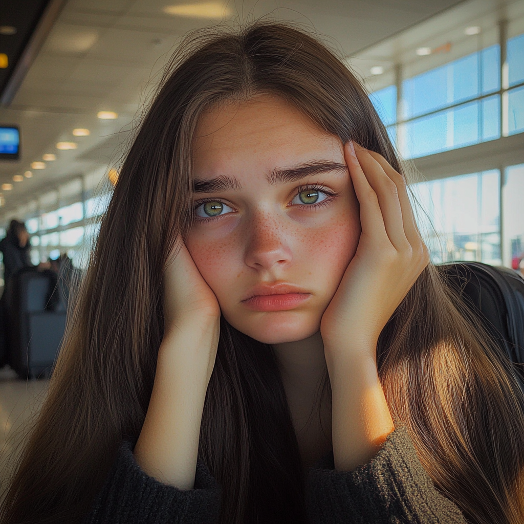 Una chica enfadada sentada en un aeropuerto | Fuente: Midjourney