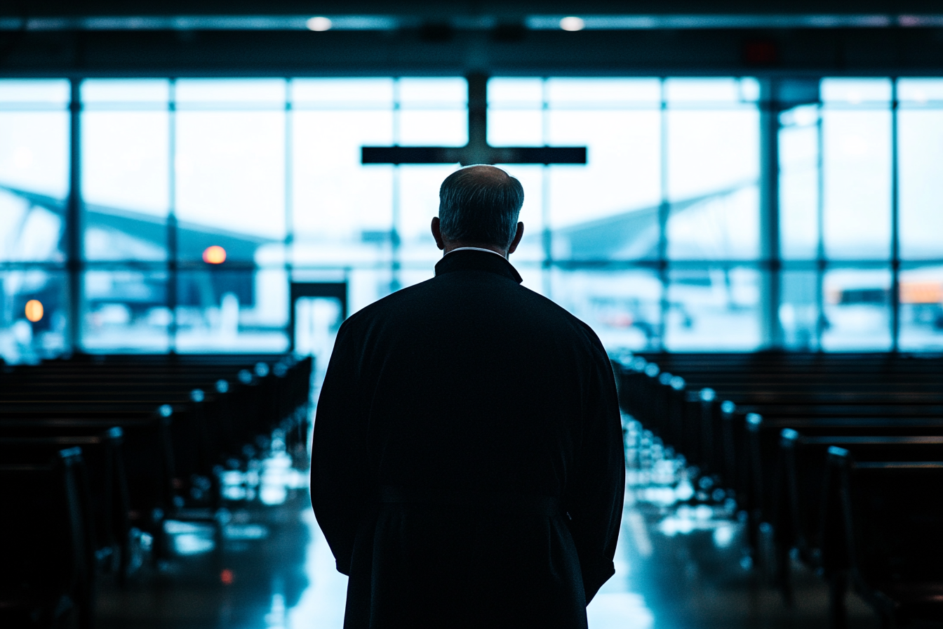 Un sacerdote en un aeropuerto | Fuente: Midjourney