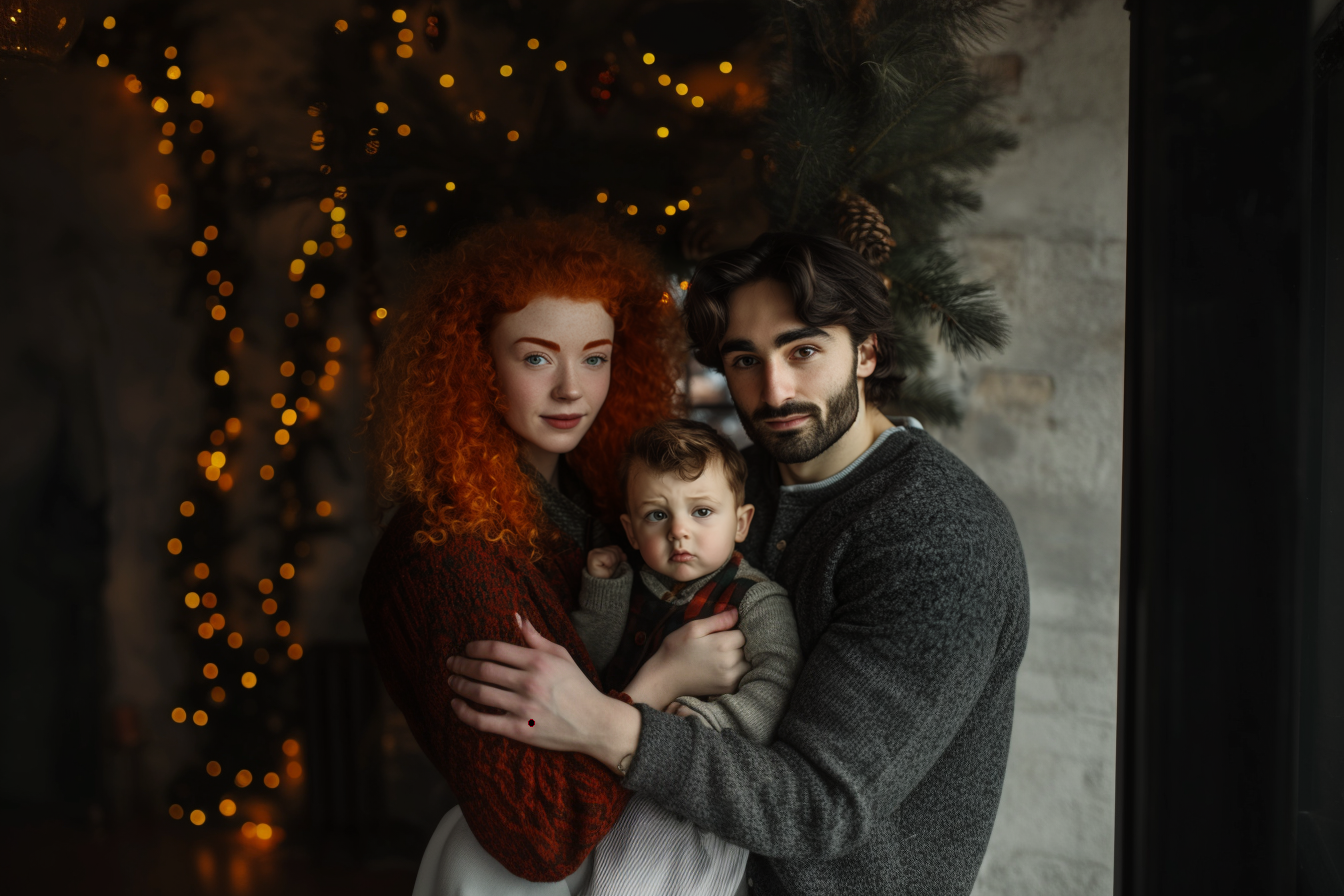 Una familia posando delante de un árbol de Navidad | Fuente: Midjourney