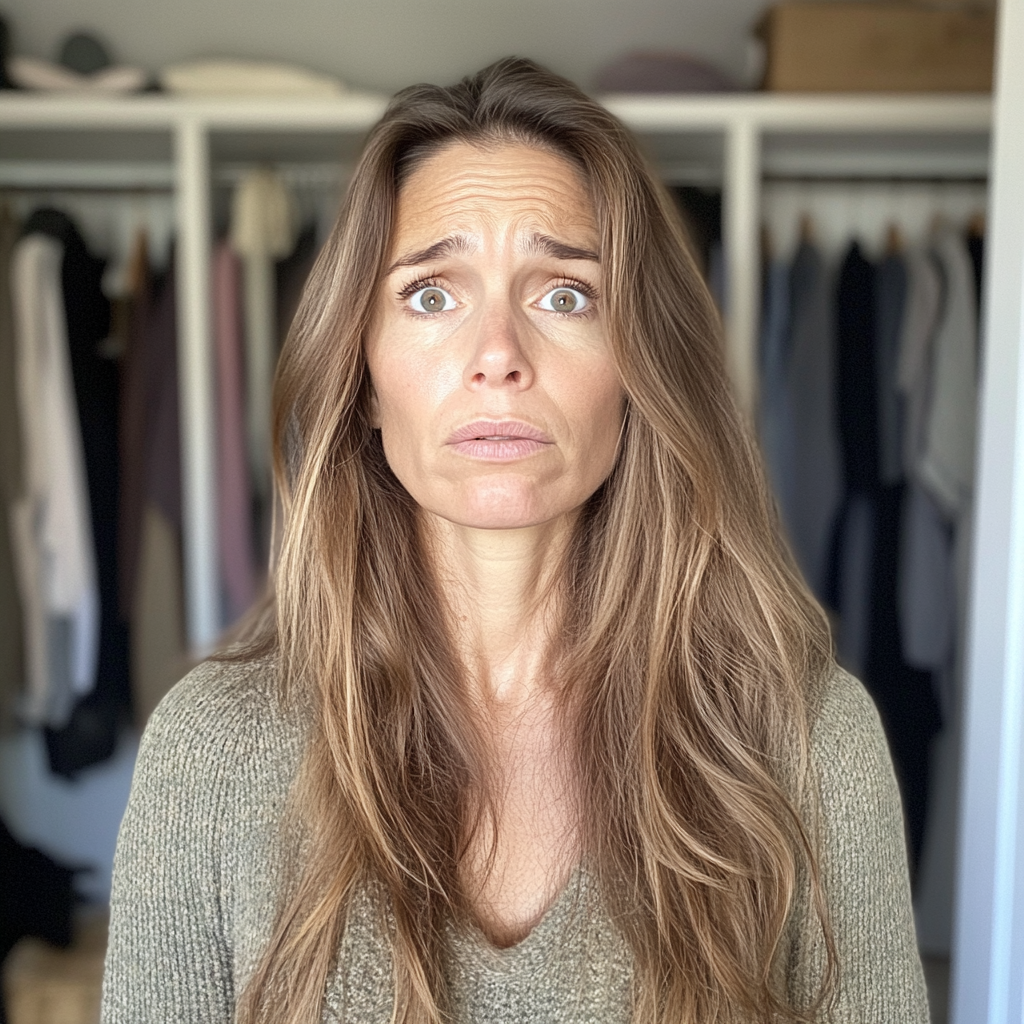 Una mujer ceñuda delante de un armario abierto | Fuente: Midjourney