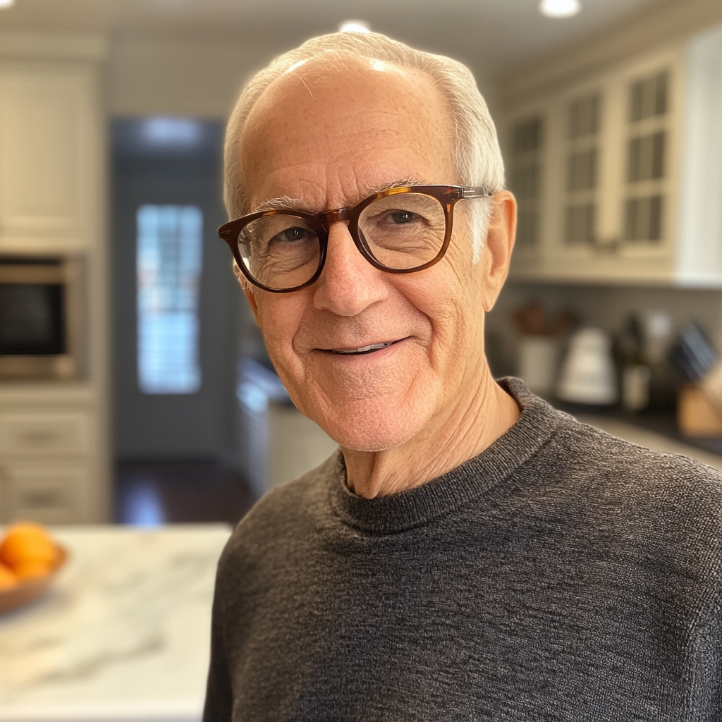 Un abuelo sonriente de pie en una cocina | Fuente: Midjourney