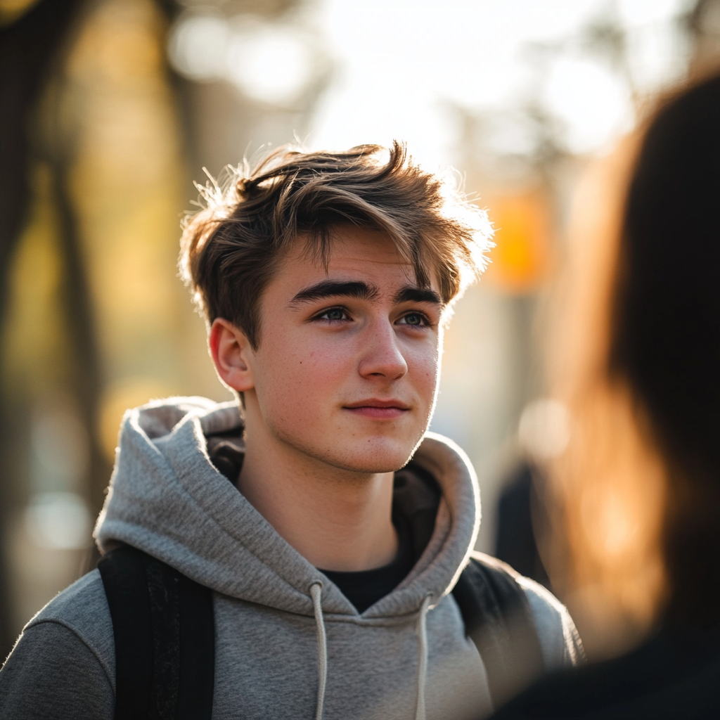 Un joven seguro de sí mismo mirando a alguien | Fuente: Midjourney