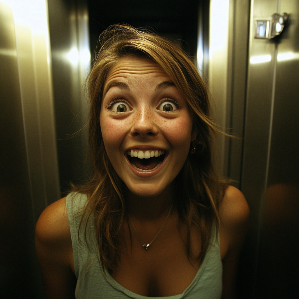 Una mujer sonriente en un ascensor | Fuente: Midjourney