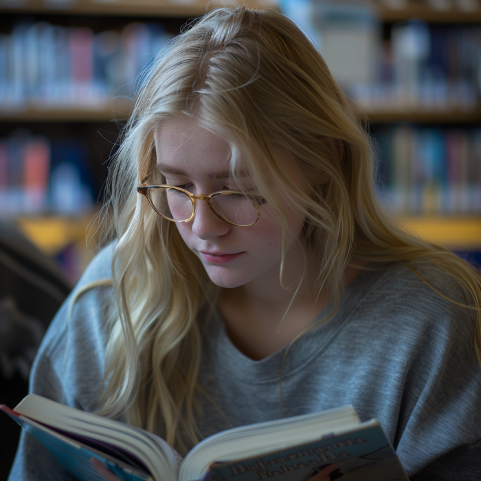 Una adolescente leyendo un libro en una biblioteca | Fuente: Midjourney