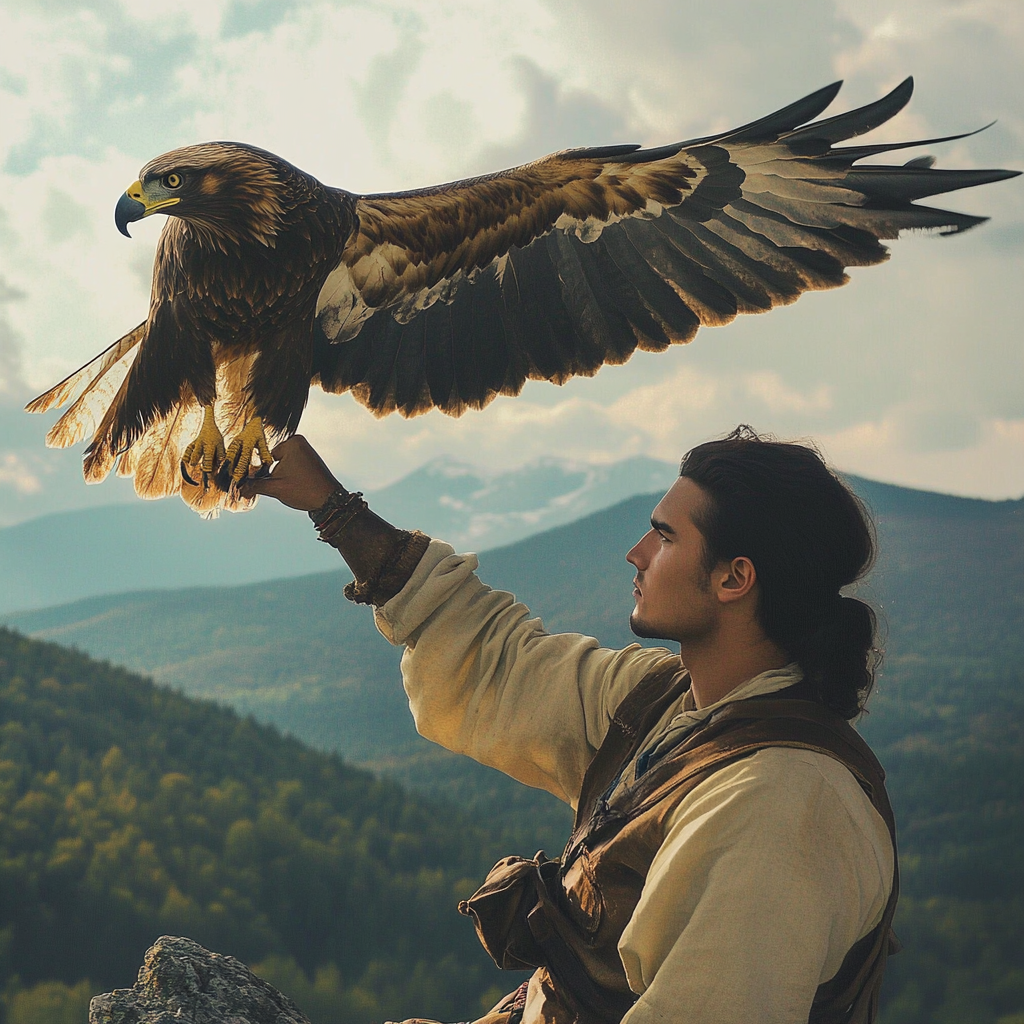 Un águila posada en la mano de un hombre | Fuente: Midjourney