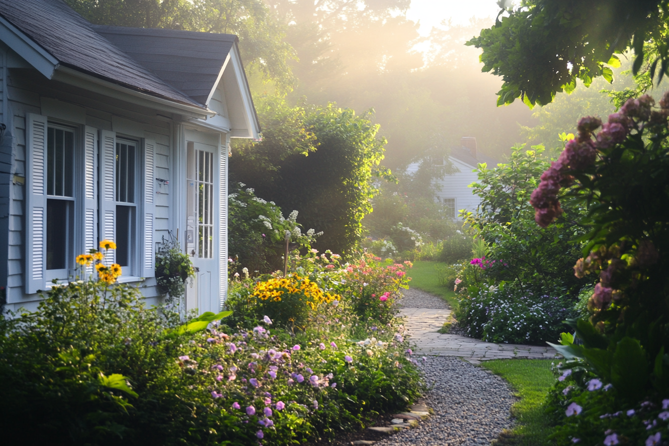 Una modesta casa rodeada de un jardín lleno de flores | Fuente: Midjourney