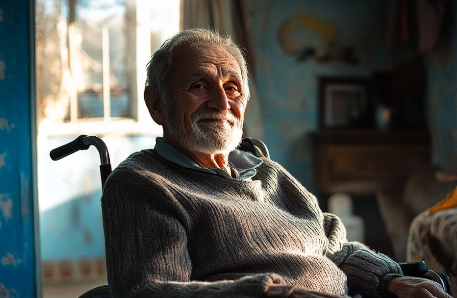 Un anciano en silla de ruedas sonriendo | Fuente: Midjourney