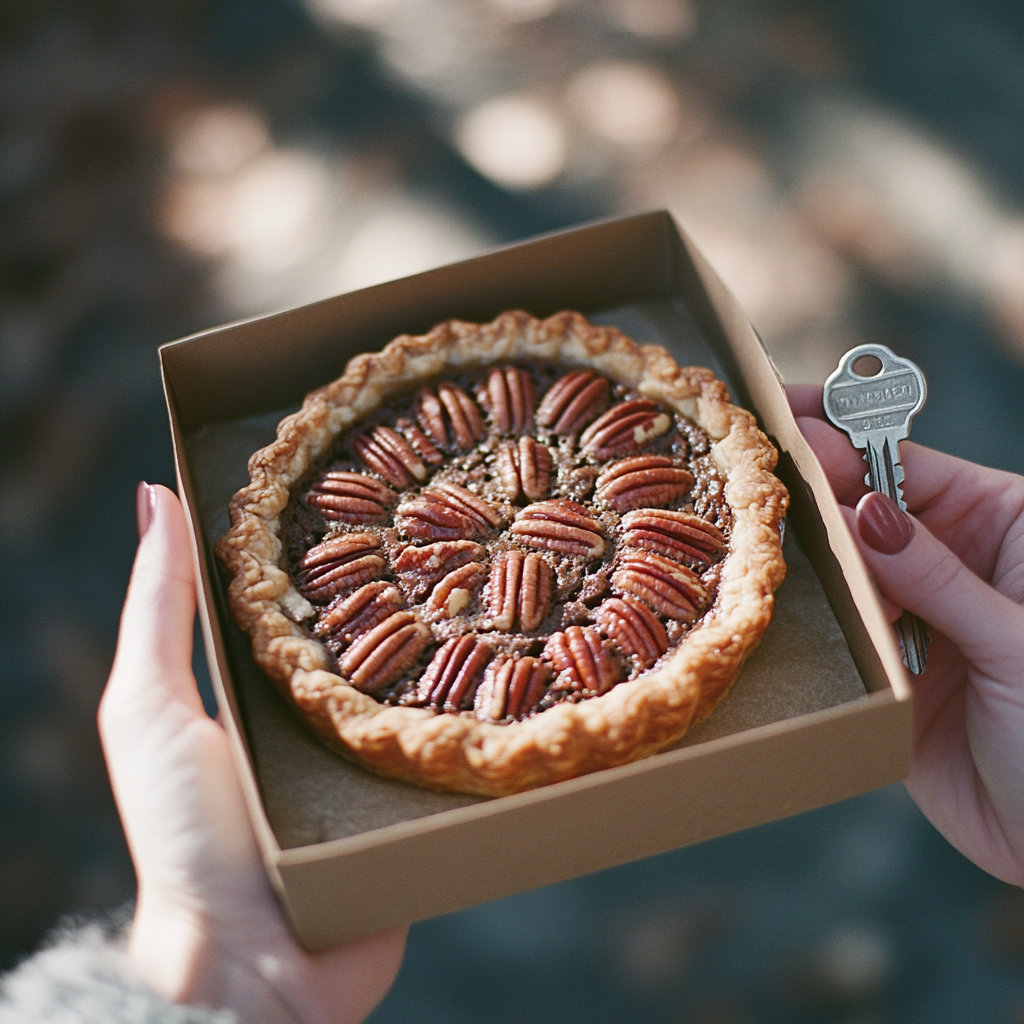 Una mujer con una tarta y una llave en la mano | Fuente: Midjourney