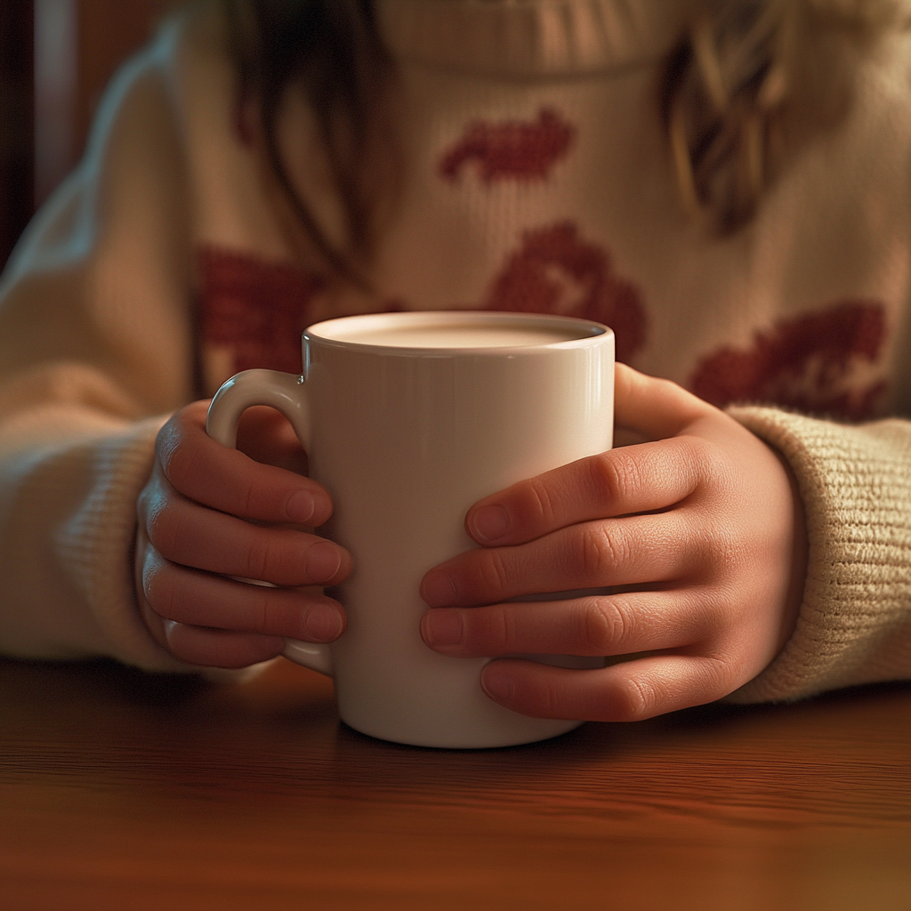 Un niño con una taza de leche en la mano | Fuente: Midjourney