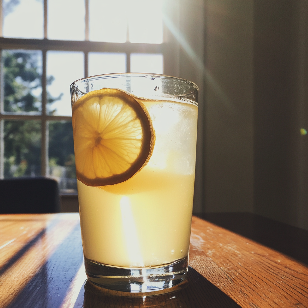 Un vaso de limonada en una mesa de cocina | Fuente: Midjourney