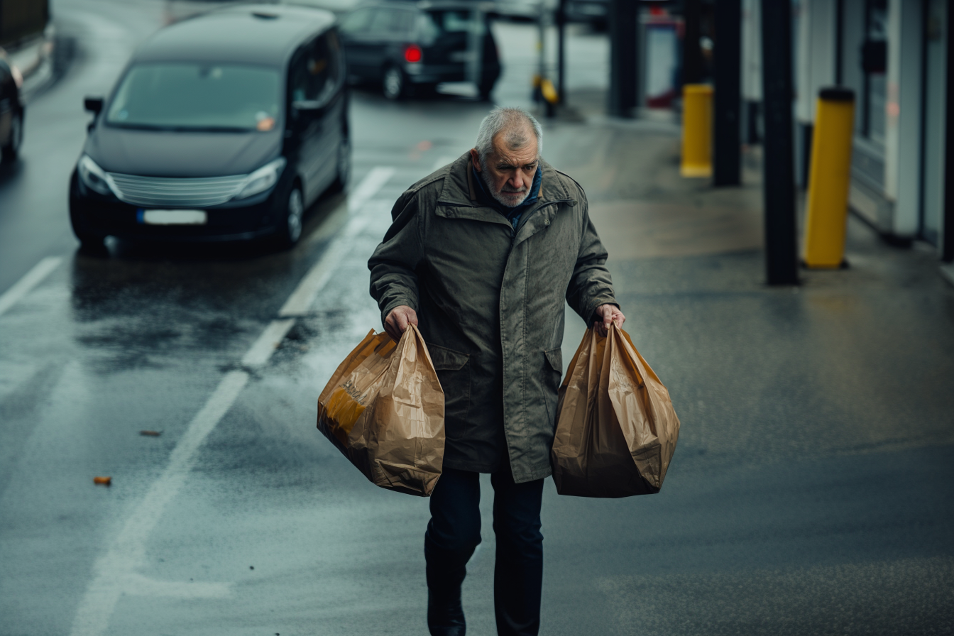 Un hombre reflexivo llevando la compra en bolsas | Fuente: Midjourney