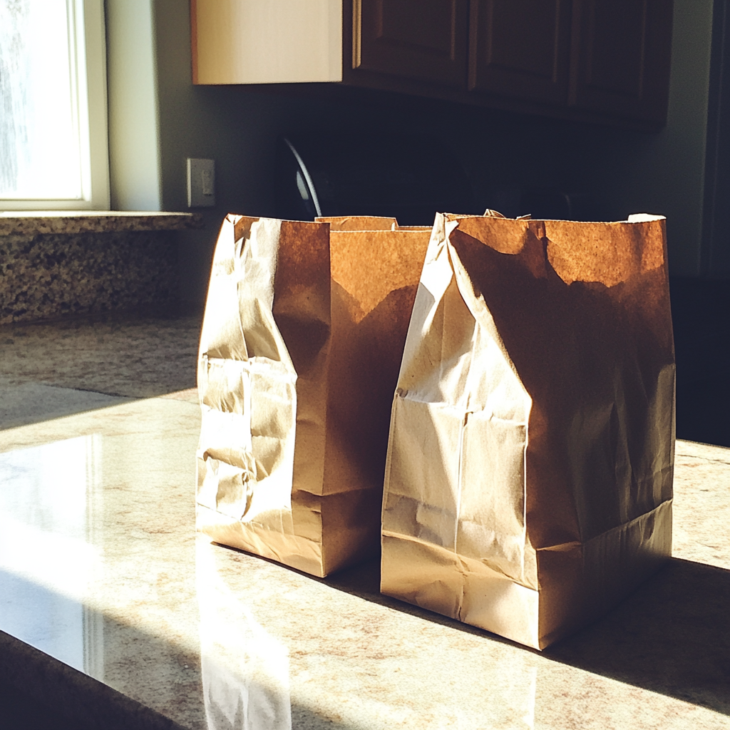 Bolsas de papel marrón en la encimera de la cocina | Fuente: Midjourney