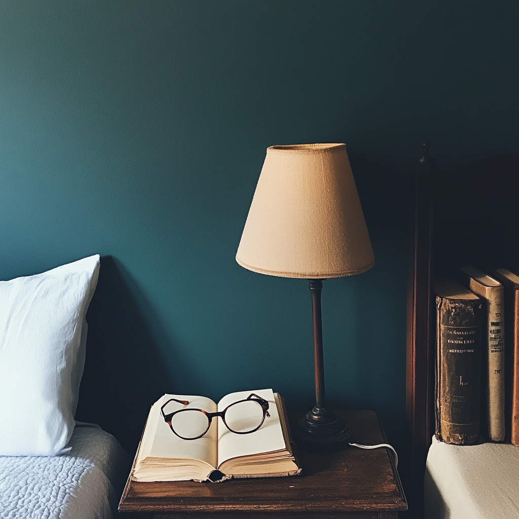 Un par de gafas de lectura en una mesilla de noche | Fuente: Midjourney